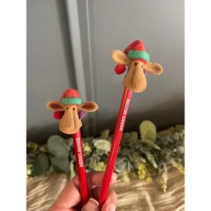 Merry Moose Pencil flocked pencil topper santa hat red green 1990s school supply